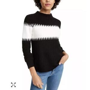 French Connection Black Off White Striped Mock Neck Ribbed Sweater Long Sleeve M